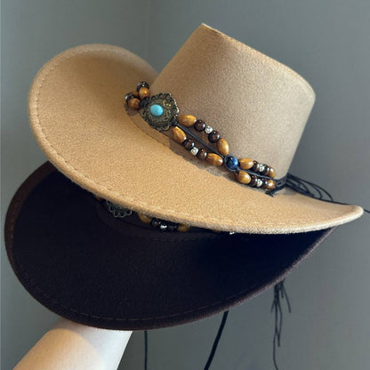 Turquoise Decorative Western Cowboy Hat Female Sun Hat With Wide Brim - Xmaker