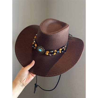 Turquoise Decorative Western Cowboy Hat Female Sun Hat With Wide Brim - Xmaker