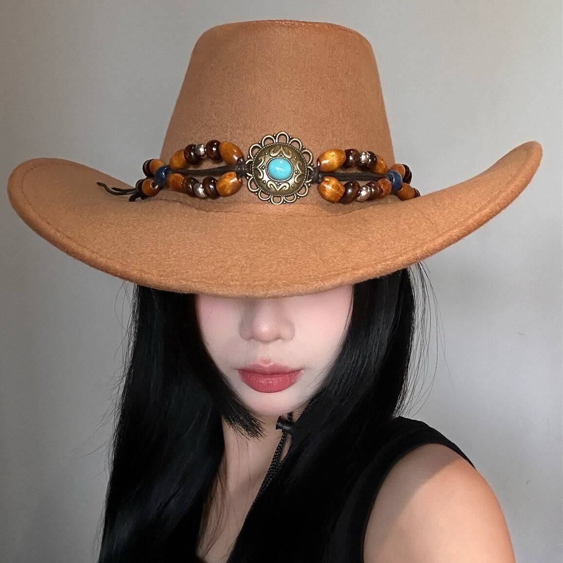 Turquoise Decorative Western Cowboy Hat Female Sun Hat With Wide Brim - Xmaker