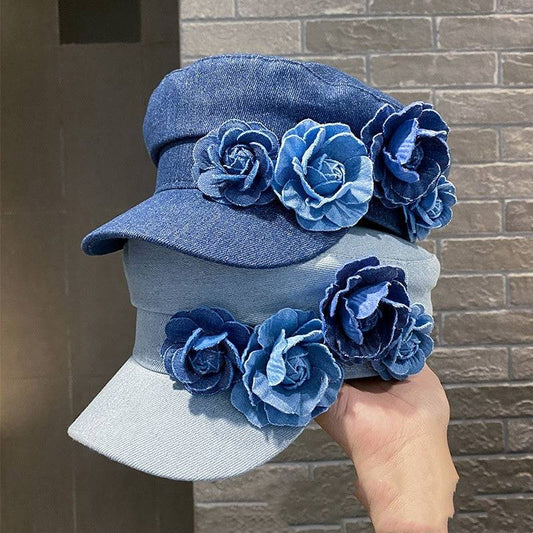 Denim Flat-top Cap Women's Three-dimensional Contrast Color Flowers - Xmaker