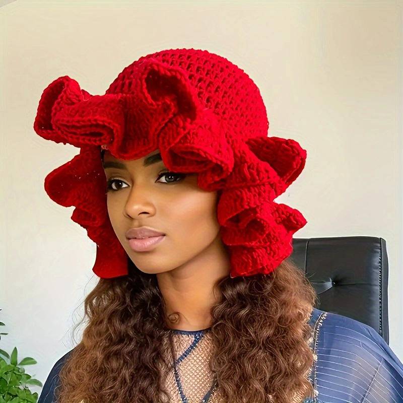 Handmade Crochet Frill Bamboo Hat Lace Woolen Cap - Xmaker