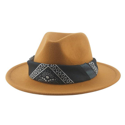 Paisley Ribbon Wide Brim Woolen Top Hat Felt Cowboy Hat - Xmaker