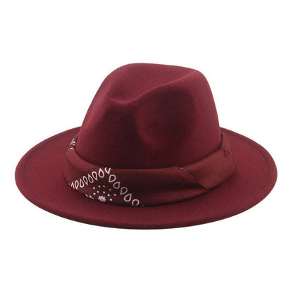 Paisley Ribbon Wide Brim Woolen Top Hat Felt Cowboy Hat - Xmaker