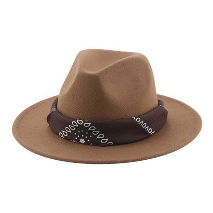 Paisley Ribbon Wide Brim Woolen Top Hat Felt Cowboy Hat - Xmaker