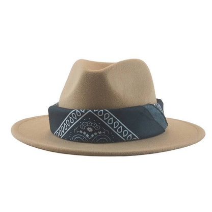 Paisley Ribbon Wide Brim Woolen Top Hat Felt Cowboy Hat - Xmaker