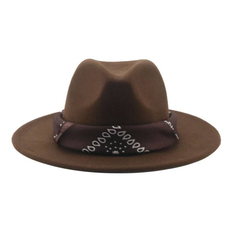 Paisley Ribbon Wide Brim Woolen Top Hat Felt Cowboy Hat - Xmaker