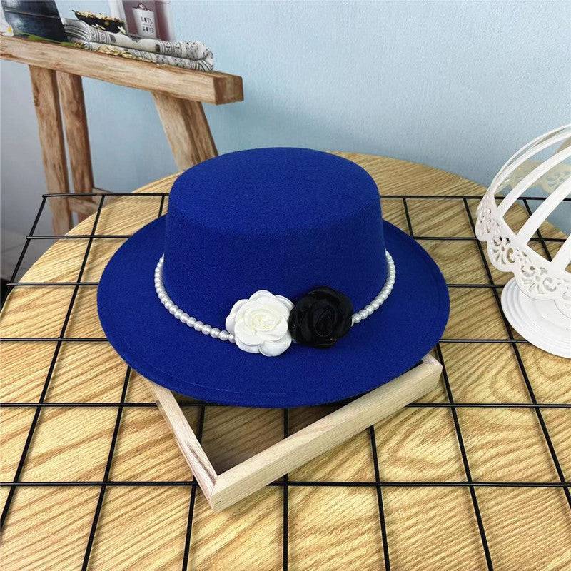 Vintage Top Hat Female Pearl Chain Flower Woolen Flat Hat - Xmaker