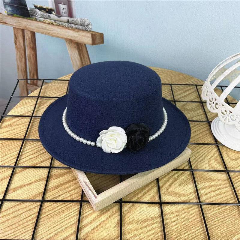 Vintage Top Hat Female Pearl Chain Flower Woolen Flat Hat - Xmaker