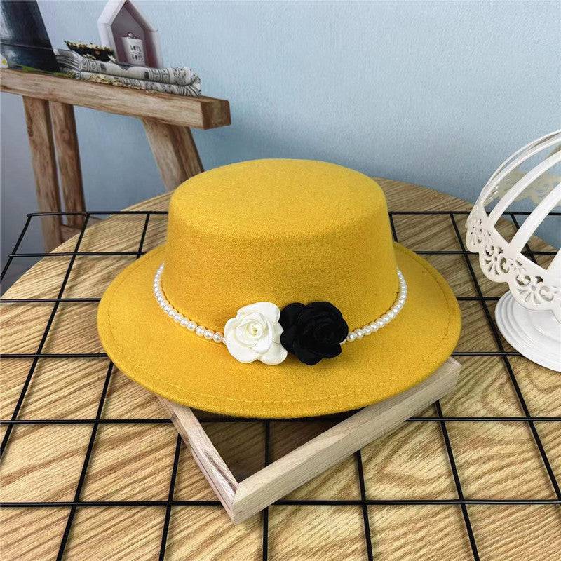 Vintage Top Hat Female Pearl Chain Flower Woolen Flat Hat - Xmaker