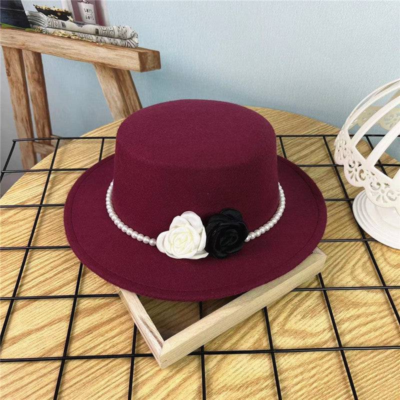 Vintage Top Hat Female Pearl Chain Flower Woolen Flat Hat - Xmaker