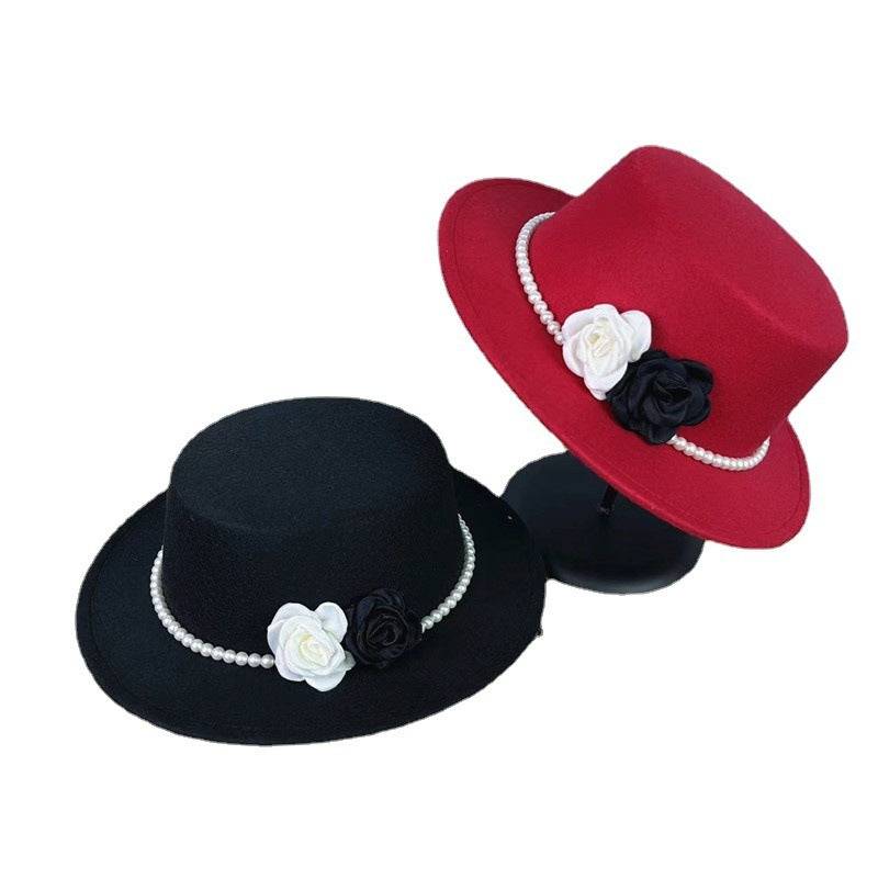 Vintage Top Hat Female Pearl Chain Flower Woolen Flat Hat - Xmaker