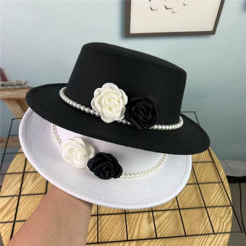 Vintage Top Hat Female Pearl Chain Flower Woolen Flat Hat - Xmaker