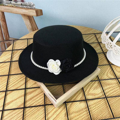 Vintage Top Hat Female Pearl Chain Flower Woolen Flat Hat - Xmaker