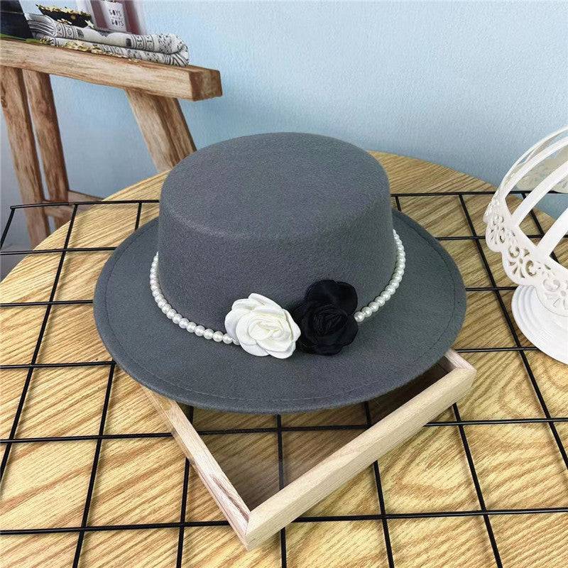 Vintage Top Hat Female Pearl Chain Flower Woolen Flat Hat - Xmaker