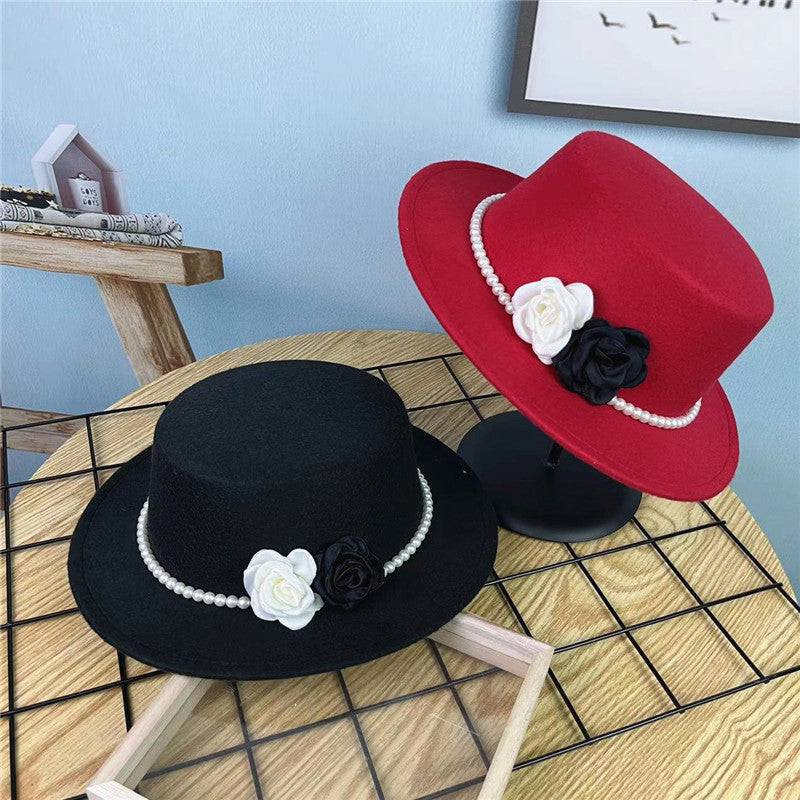 Vintage Top Hat Female Pearl Chain Flower Woolen Flat Hat - Xmaker