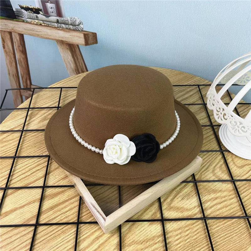 Vintage Top Hat Female Pearl Chain Flower Woolen Flat Hat - Xmaker