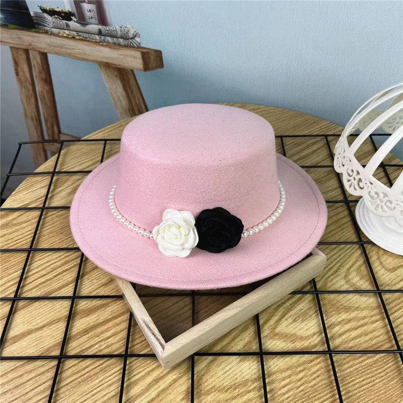 Vintage Top Hat Female Pearl Chain Flower Woolen Flat Hat - Xmaker