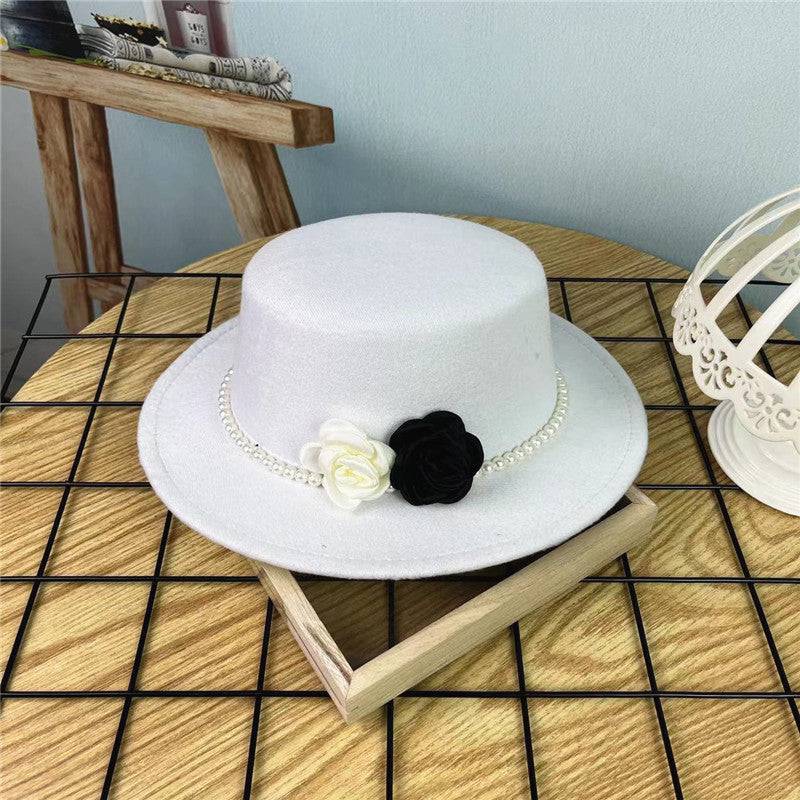 Vintage Top Hat Female Pearl Chain Flower Woolen Flat Hat - Xmaker