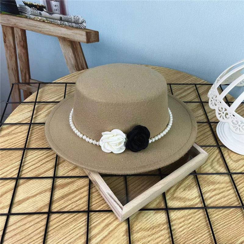 Vintage Top Hat Female Pearl Chain Flower Woolen Flat Hat - Xmaker