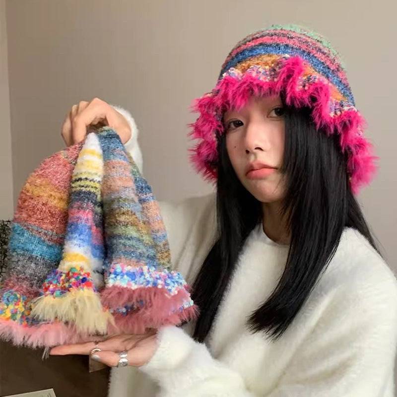 Rainbow Striped Oil Painting Knitted Woolen Cap - Xmaker