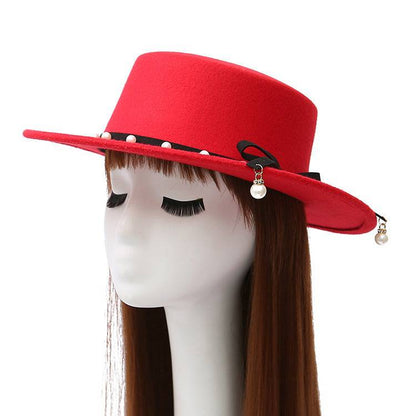 Flat Top Hat Women's Pearl Wool Felt Hat - Xmaker