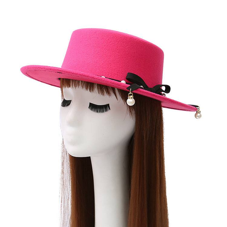 Flat Top Hat Women's Pearl Wool Felt Hat - Xmaker