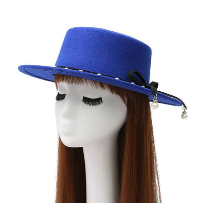 Flat Top Hat Women's Pearl Wool Felt Hat - Xmaker