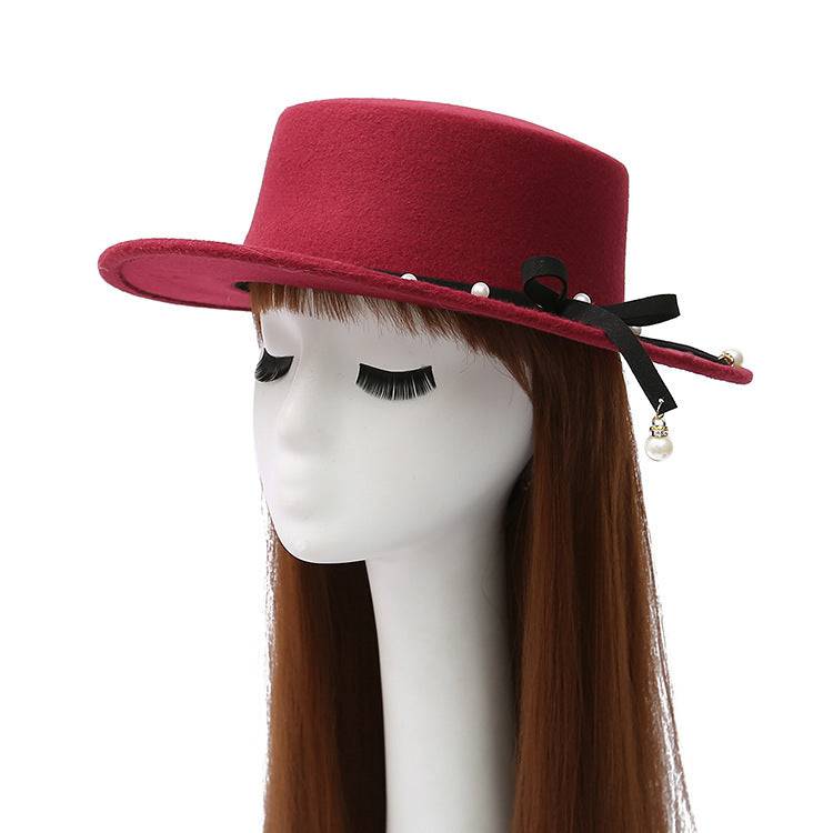 Flat Top Hat Women's Pearl Wool Felt Hat - Xmaker