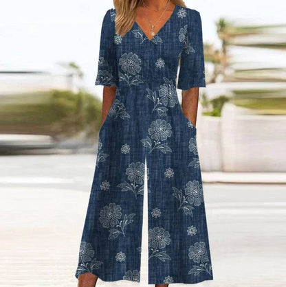 V-neck Printed One-piece Straight Wide-leg Pants - Xmaker