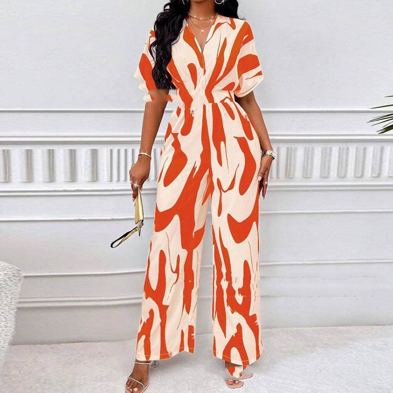 V-neck Loose Printed Long Jumpsuit - Xmaker. Inc