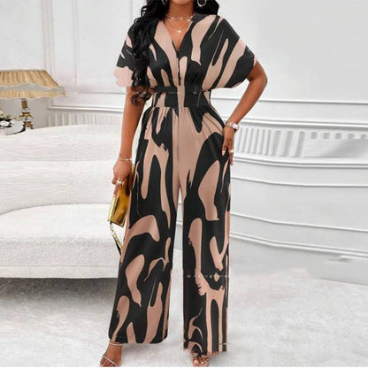 V-neck Loose Printed Long Jumpsuit - Xmaker