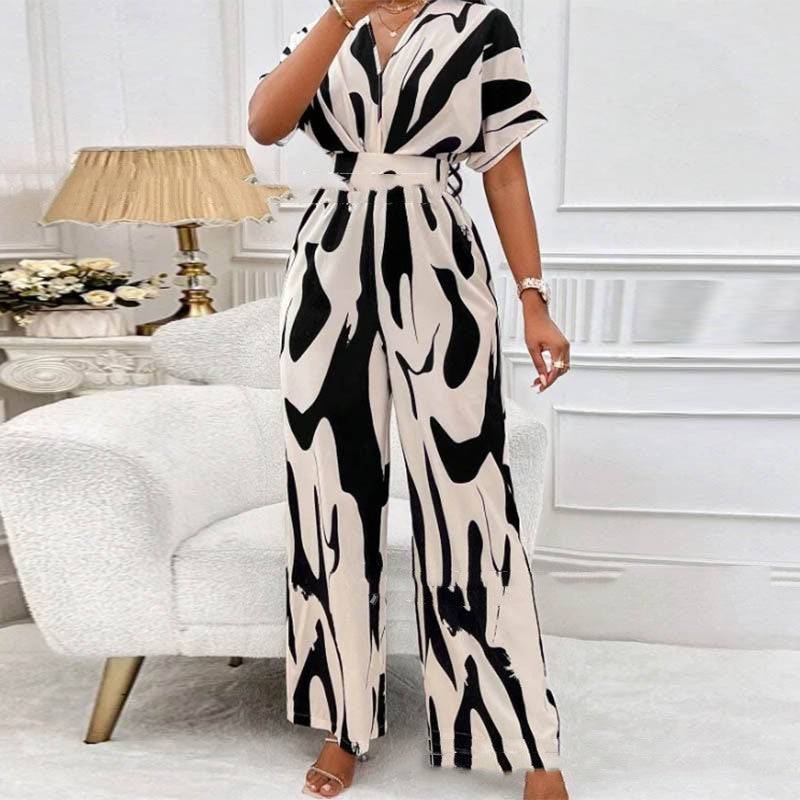 V-neck Loose Printed Long Jumpsuit - Xmaker