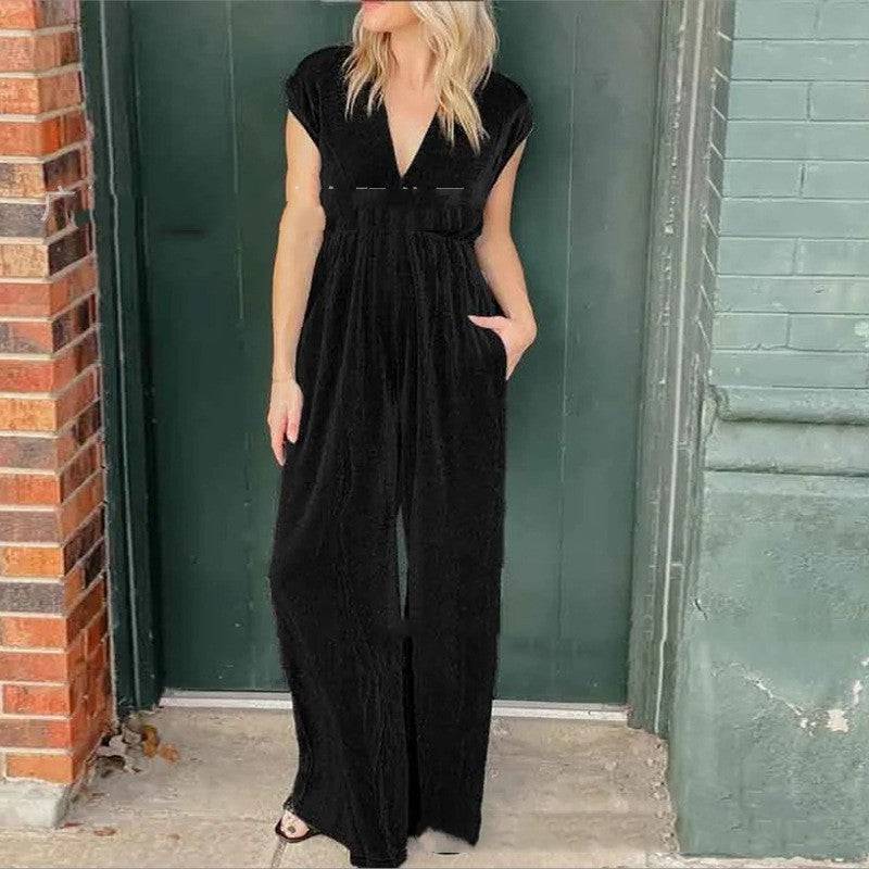 V-neck Short-sleeved High Waist Long Jumpsuit - Xmaker