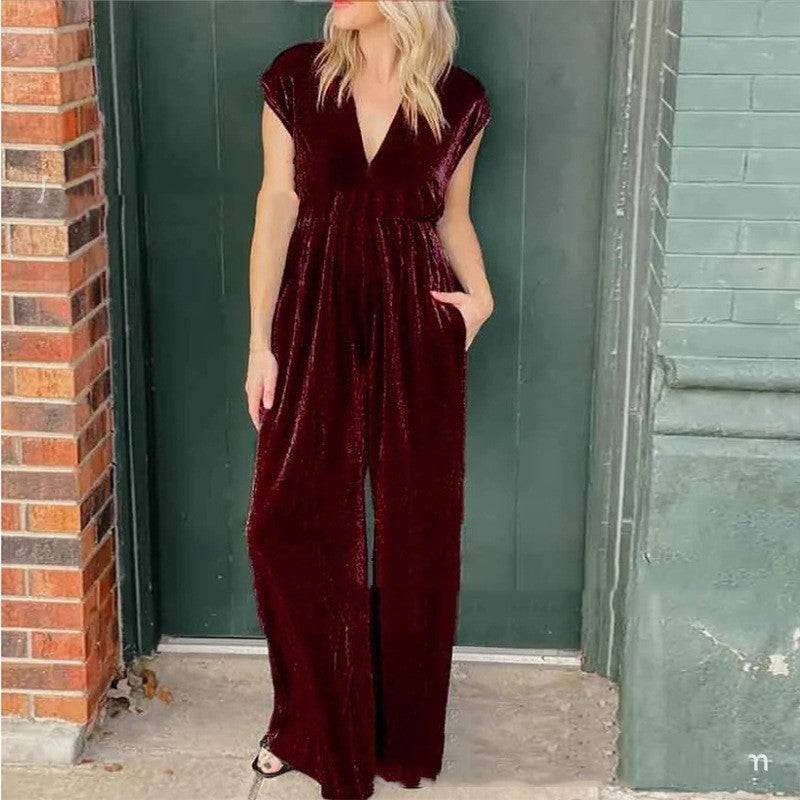 V-neck Short-sleeved High Waist Long Jumpsuit - Xmaker