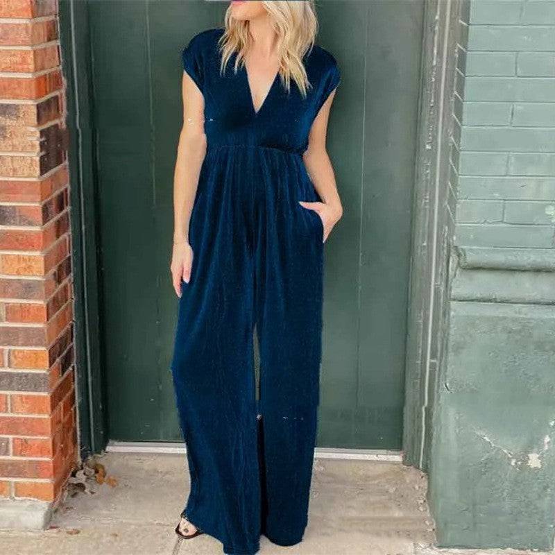 V-neck Short-sleeved High Waist Long Jumpsuit - Xmaker