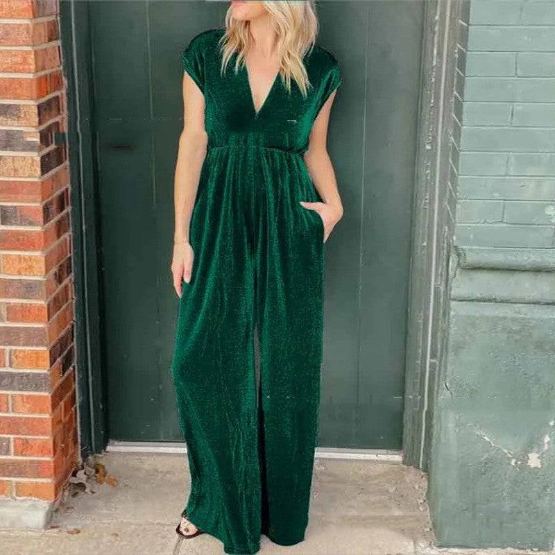 V-neck Short-sleeved High Waist Long Jumpsuit - Xmaker