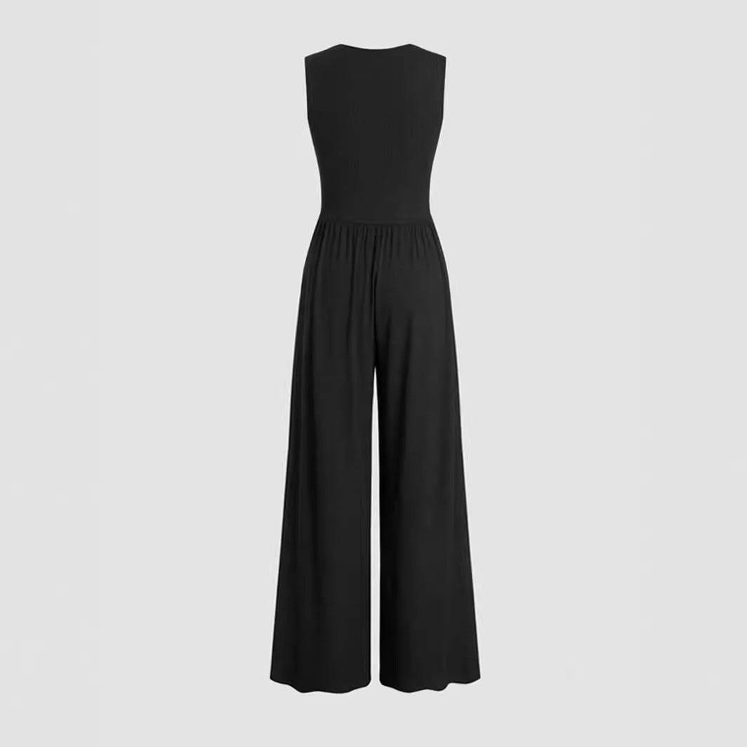 Women's Deep V-neck Pleated Stretch Body Shaping Wide Leg Jumpsuit - Xmaker