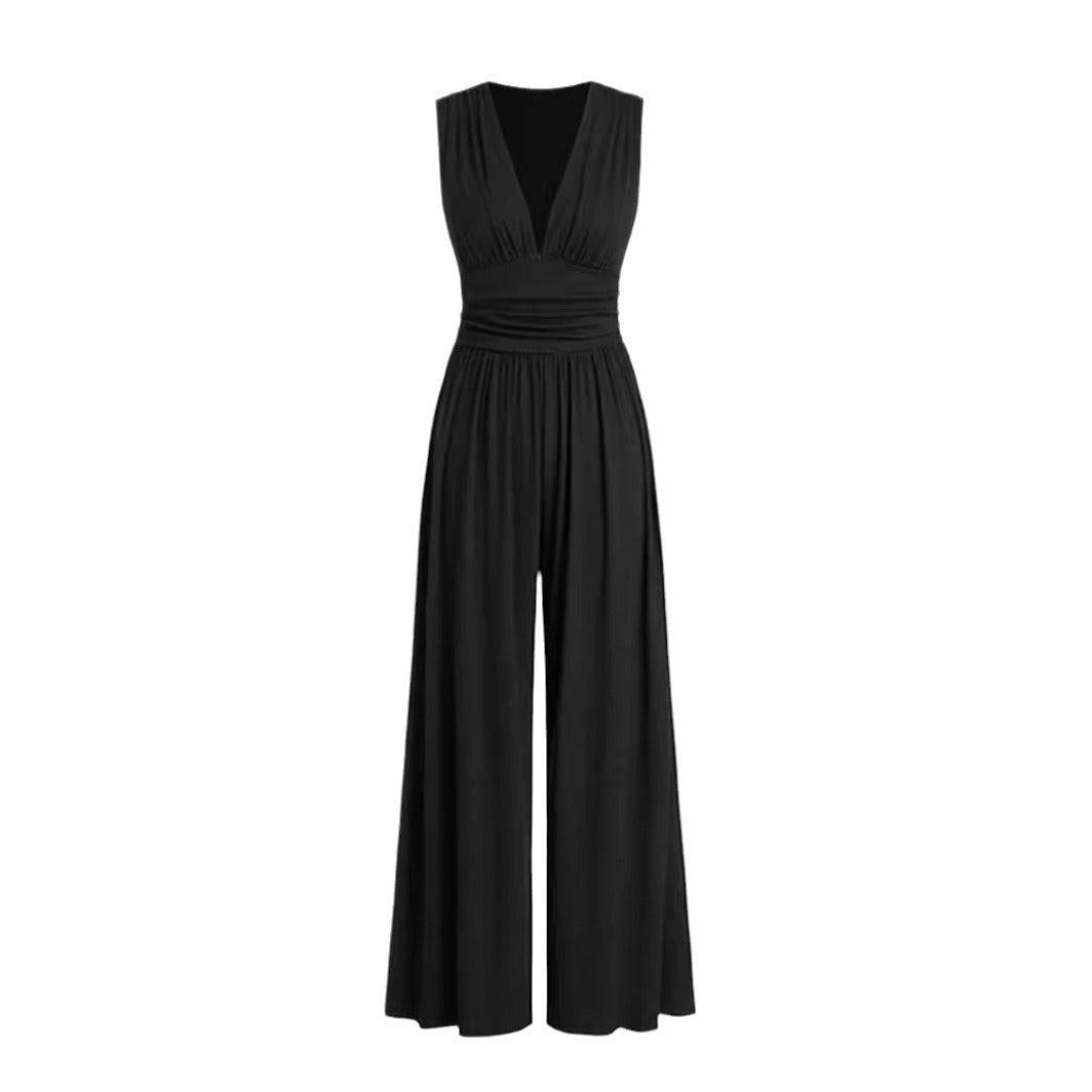 Women's Deep V-neck Pleated Stretch Body Shaping Wide Leg Jumpsuit - Xmaker