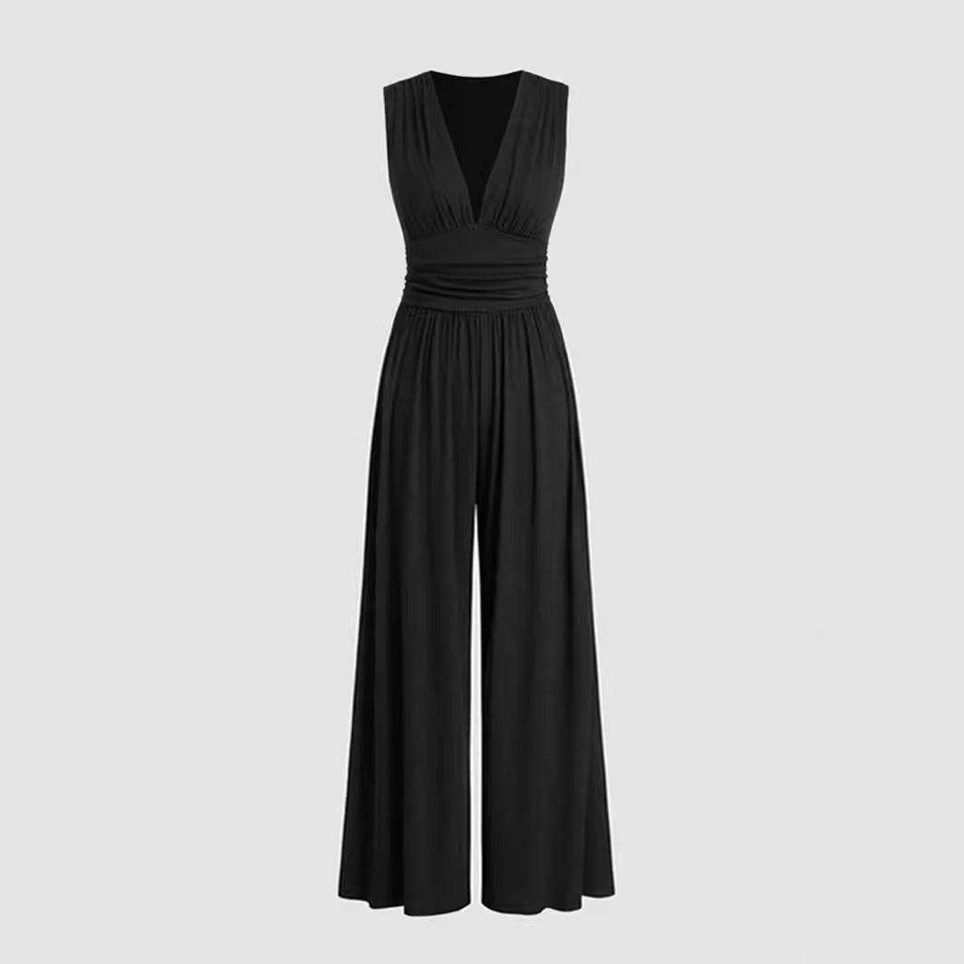 Women's Deep V-neck Pleated Stretch Body Shaping Wide Leg Jumpsuit - Xmaker