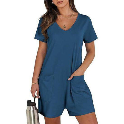 Women Summer Casual Vest Sleeveless Round Neck Jumpsuit Short Belt Pockets - Xmaker