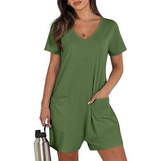 Women Summer Casual Vest Sleeveless Round Neck Jumpsuit Short Belt Pockets - Xmaker