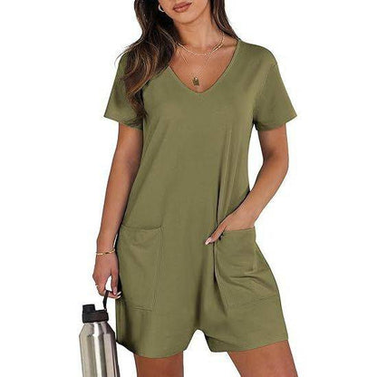 Women Summer Casual Vest Sleeveless Round Neck Jumpsuit Short Belt Pockets - Xmaker