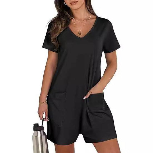 Women Summer Casual Vest Sleeveless Round Neck Jumpsuit Short Belt Pockets - Xmaker