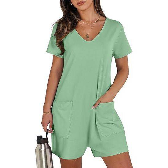 Women Summer Casual Vest Sleeveless Round Neck Jumpsuit Short Belt Pockets - Xmaker