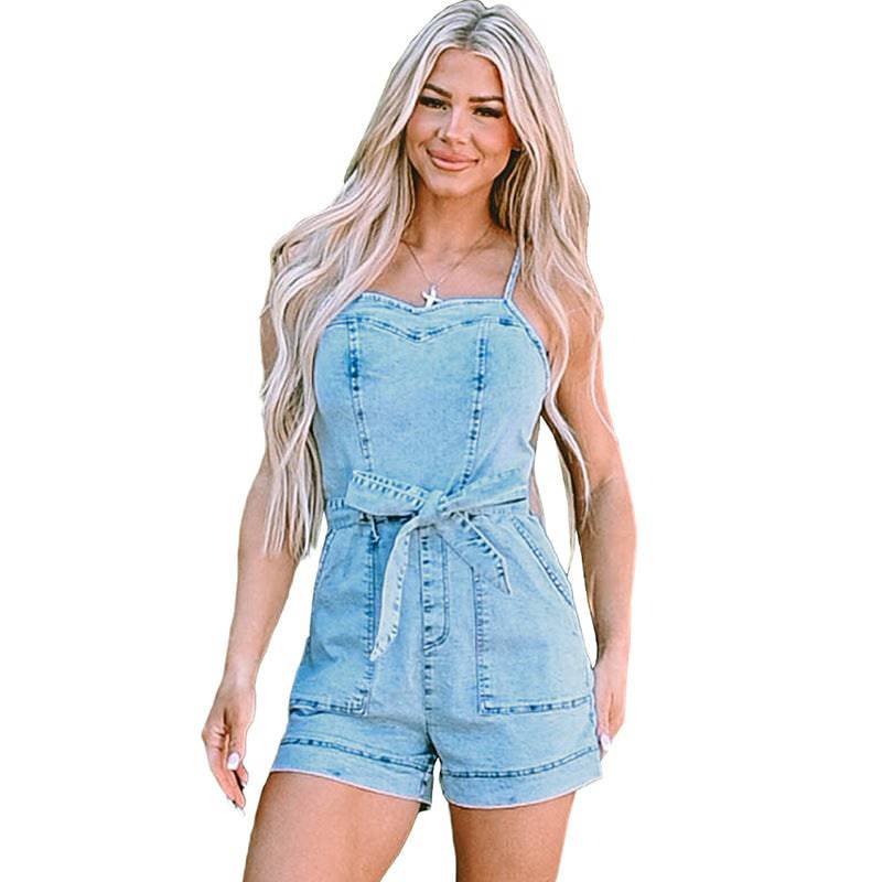 Women's Solid Color Denim Jumpsuit - Xmaker