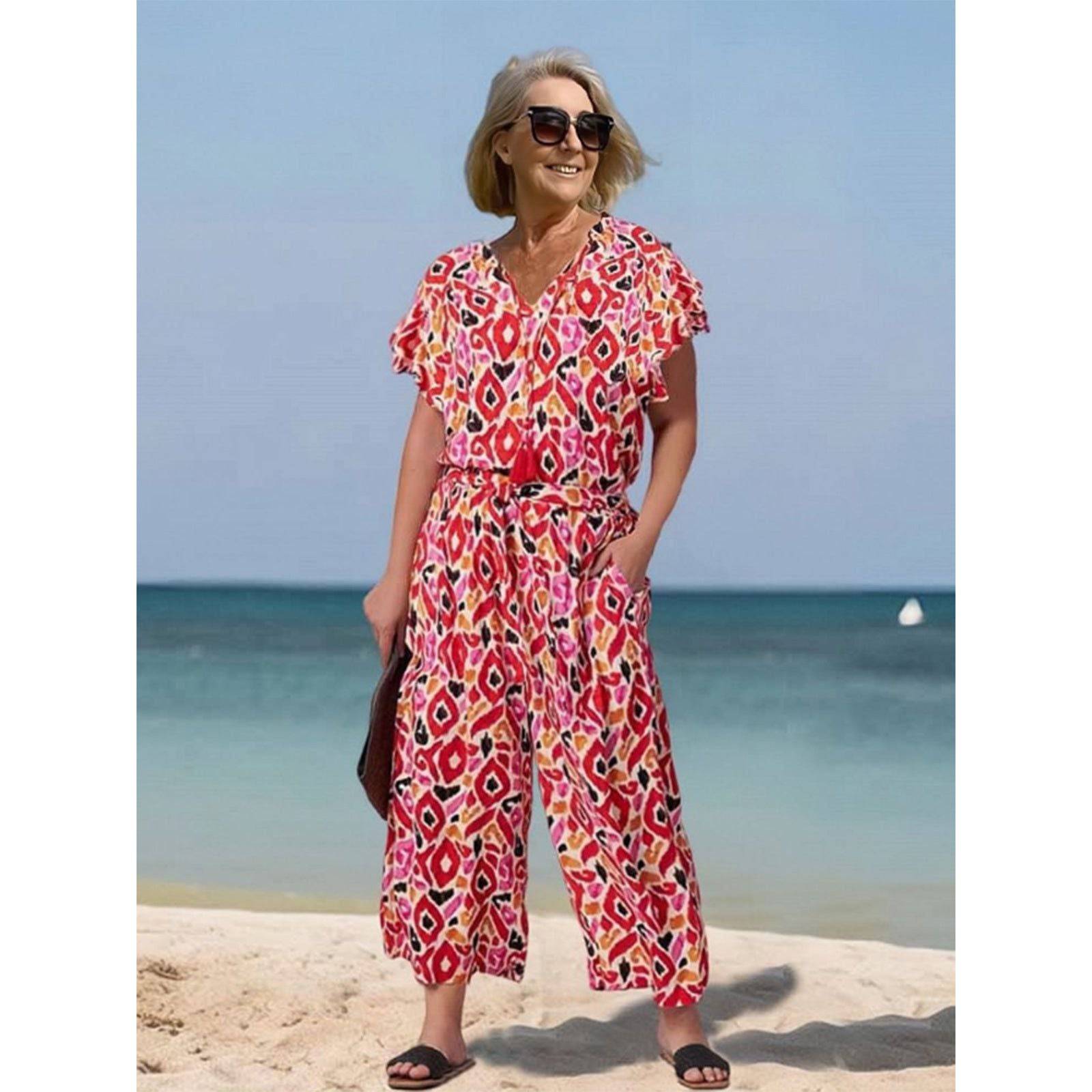 Loose Short Sleeve V-neck Printed Jumpsuit - Xmaker