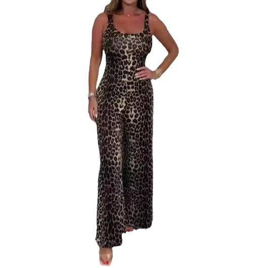 Women's U-neck Backless Leopard Print Jumpsuit - Xmaker