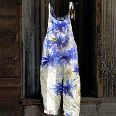 Women's Printed Street Hipster Multi-color Cotton And Linen Suspender Jumpsuit - Xmaker