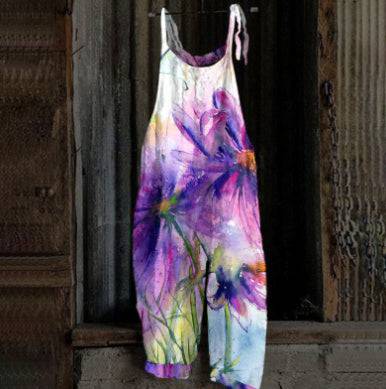 Women's Printed Street Hipster Multi-color Cotton And Linen Suspender Jumpsuit - Xmaker