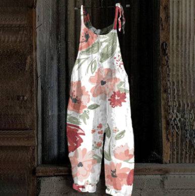 Women's Printed Street Hipster Multi-color Cotton And Linen Suspender Jumpsuit - Xmaker